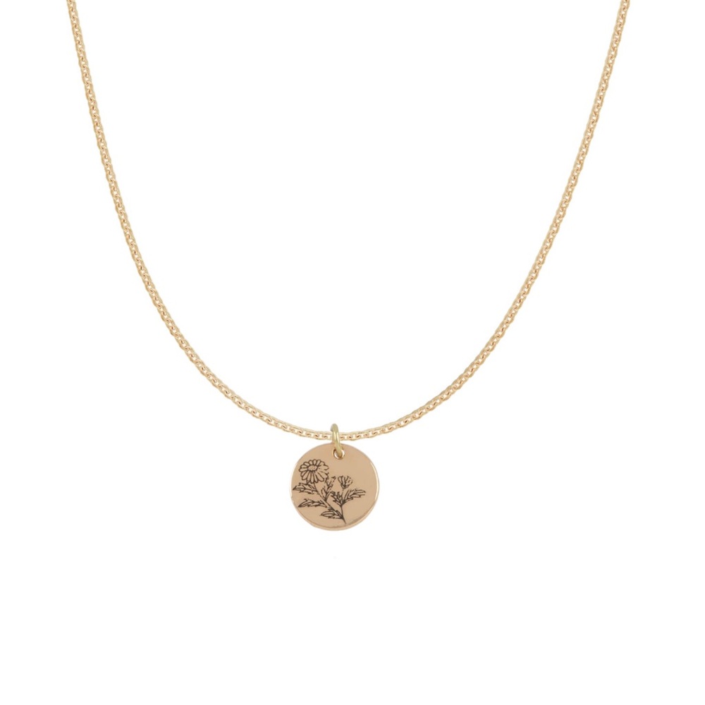 Gold Flower Stamped Coin Charm Necklace